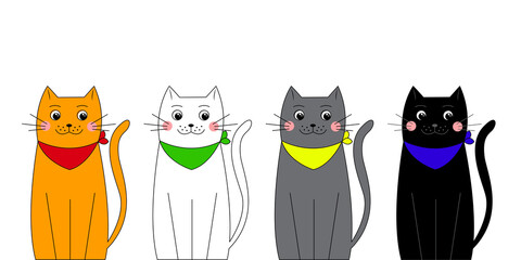 Cute cartoon characters happy cats of different colors and breeds in neck scarves. Vector illustration isolated on white background