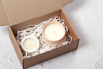 Sets of candles made of soy wax in plaster. Handmade work. Gift wrapping.