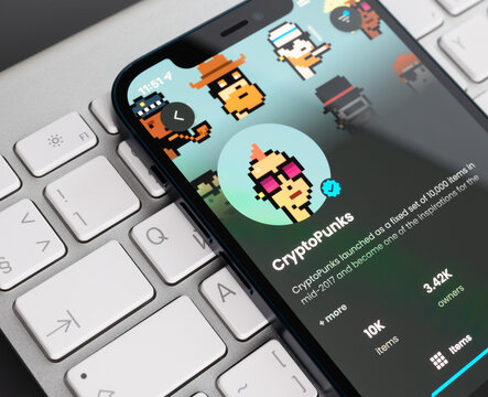 Amsterdam, Netherlands - April 8, 2022: CryptoPunks on Apple iPhone display. CryptoPunks is a non-fungible token (NFT) collection on the Ethereum blockchain. The project was launched in June 2017 by t