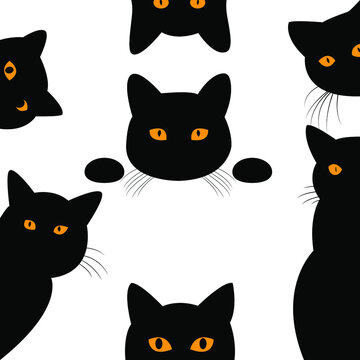A set of black cats peeking out from the corner. Collection of cat faces that are spying on you