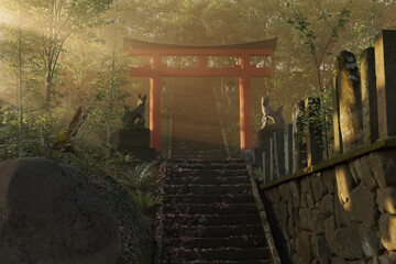 3d rendering of an old japanese shrine with red torii gate and stone lantern illuminated by sun beams - obrazy, fototapety, plakaty