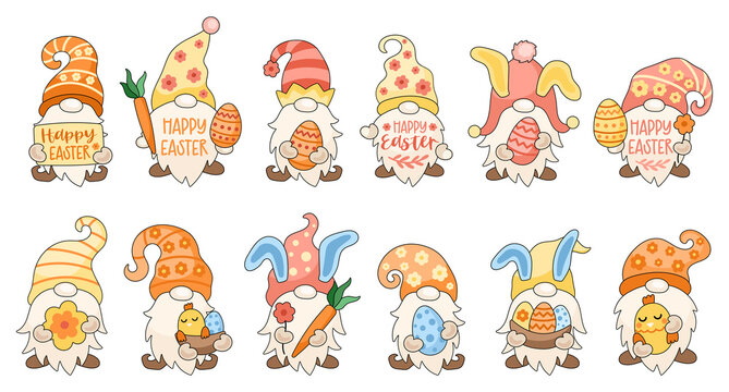Funny Easter gnomes vector illustration set