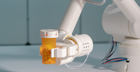 Robot arm with a pills in bottle in the laboratory. The concept of artificial intelligence in pharmaceuticals