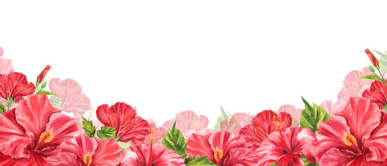 Floral horizontal border with tropical red flowers, green leaves, hibiscus. Watercolor isolated pattern on white background, panoramic illustration summer tropics. Design website, greeting card, pack