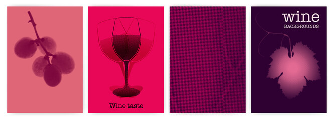 Wine designs. Background vector images with halftone effect. Bunch of grapes and texture of vineyard leaves. For brochure designs, covers, t-shirts, textiles. - 497753737