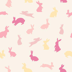 Easter spring pink pastel pattern with cute bunny. Hand drawn flat rabbits. Vector illustration.