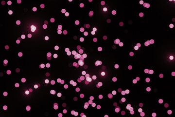 Defocused bokeh lights on black background, an abstract naturally blurred backdrop for Valentines Day or birthday party. Festive light texture. Violet blue garland in blur. Color 2022