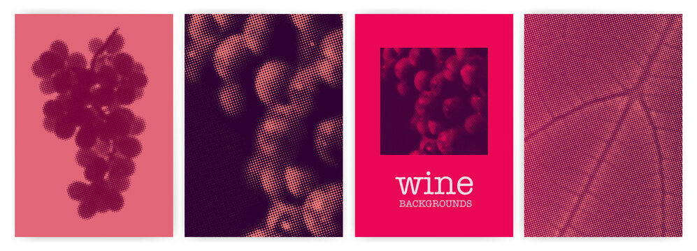 Wine designs. Background vector images with halftone effect. Bunch of grapes and texture of vineyard leaves. For brochure designs, covers, t-shirts, textiles.