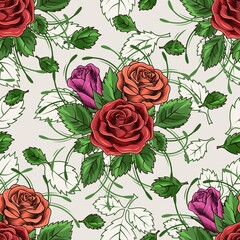 Classic seamless pattern with lush blooming vintage roses with leaves. Contours of green leaves on white background. Vector illustration.