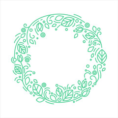 Floral circle flat frame for greeting card or label. Linear art design for seasonal spring, summer decoration, holiday promotion, cosmetics banner, eco organic label. Vector illustration