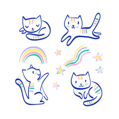 Fototapeta premium Cute cat in different poses play run sleep sit among rainbow fallen stars vector illustration set isolated on white. Childish felt pen hand drawn blue contour kitten print collection.