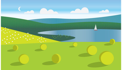 pastoral summer natural landscape with mountain lake and field of hay bales stacks, idyllic countryside, rural panorama, illustration © Mykola