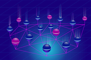 Binary code with blue background. Big data background with colorful circles. Network connection with big data.