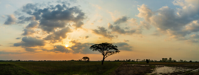 The atmosphere of the sky after sunset over the fields, panorama.