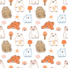 Obraz premium Seamless Pattern with Cartoon Bear Character Design on White Background
