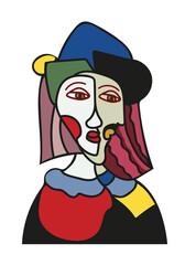 Abstract portrait painted with a brush. Character. One head consists of two faces. Altered face shapes. Man and woman. Logo. Color vector illustration