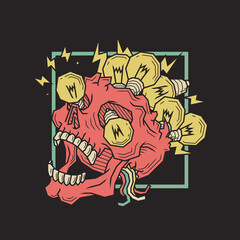 Retro illustration of bulbs inside a skull head