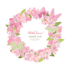 romantic floral wreath with pink flowers and butterflies
