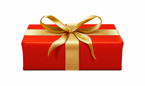 3d realistic vector icon. Red rectangular present box with gold ribbon and golden bow. Isolate on white background.
