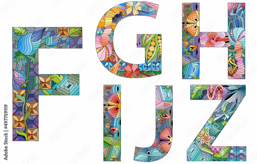 Fototapete vector of hand drawn set of alphabet from f - j in zentangle style