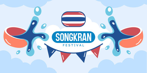 Vector illustration of Songkran icon set background, as a banner or poster, Songkran festival. Water gun, Thailand flag, bowl, and water splash icon.