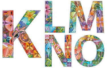 Vector of hand drawn set of Alphabet from K - O in Zentangle style
