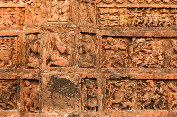 Figurines made of terracotta at Radhagobinda Temple, Bishnupur , West Bengal, India .