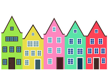 Bright colorful houses, isolate on white background, flat vector, set of five houses