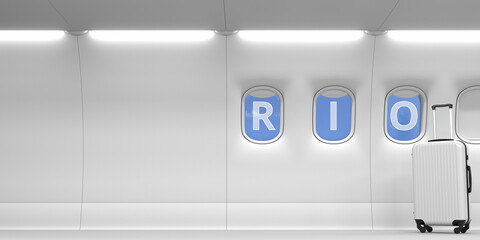 Rio text on an airplane portholes. 3d rendering