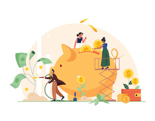Saving money business concept. Tiny people growing tree with coins and money, making profit. Piggy bank, wallet, credit card. Concept vector illustration for successful business, financial services.