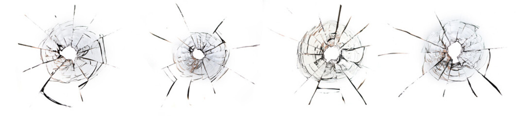 holes from balls in glass on white background, collection. - obrazy, fototapety, plakaty