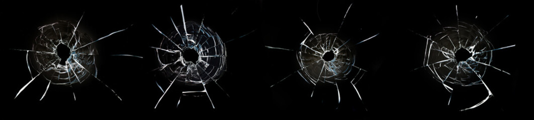 holes from balls in glass on a black background, collection.