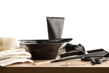 Accessories and preparation of products for hair treatment isolated background