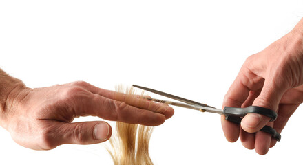 Detail hairdresser hands cutting blonde hair white isolated  background