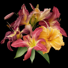 Bright lily isolated on black background. Floral arrangement, bouquet of yellow, red flowers. Can be used for invitations, greeting, wedding card.