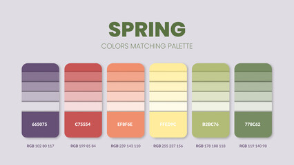 Spring color palettes or color schemes are trends combinations and palette guides this year, a table color shades in RGB or  HEX. A color swatch for a spring fashion, home, or interior design