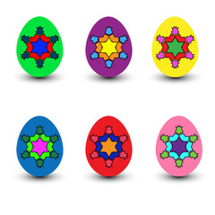 Set easter eggs with realistic effect on white background, 3d effect. Vector isolated illustration with icons of color eggs. For web, banners, greeting cards, posters, decorating storefront, wrapping.
