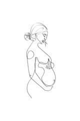 Pregnant mom line art, Pregnancy one line drawing, printable wall art, Nude woman body print, Belly female figure, Minimalist print, Black outline vector illustration on white background