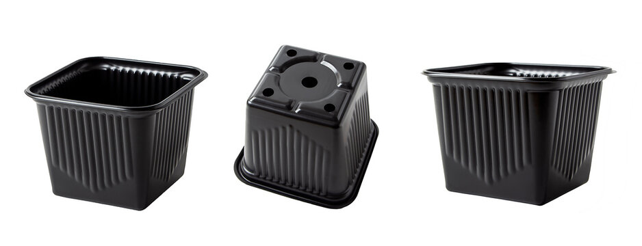Black rectangular plastic flower pot, for seedlings. Insulation on a white background