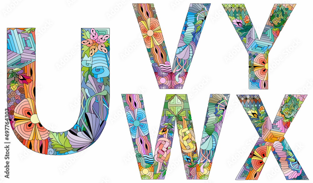 Fototapete vector of hand drawn set of alphabet from u - y in zentangle style