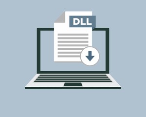 Download DLL icon file with label on laptop screen. Downloading document concept