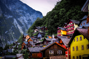 Popular scenic view of Hallstatt town, Austria in early evening. Rural landscape in Hallstatt- Austria
