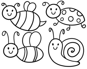Monochrome illustration, coloring book, Collection of cute beautiful insects in summer and spring, cartoon insects