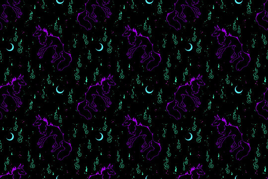 raster seamless mystical pattern with foxes and fire