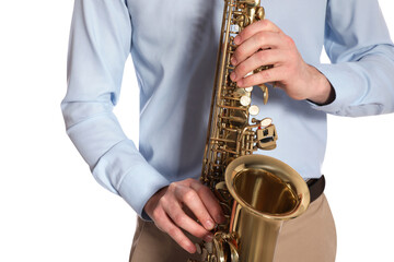 Man with saxophone on white background, closeup