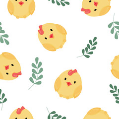 Cute Baby Chick and Leaf on Transparent Background Pattern, Vector