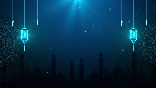 4K Loop Background of Eid Al Adha Mubarak and Traditional Lanterns Ramadan Islamic with Particle Lighting on Blue Animation. Eid or islamic new year. Fireworks moon and Ramadan Kareem message.