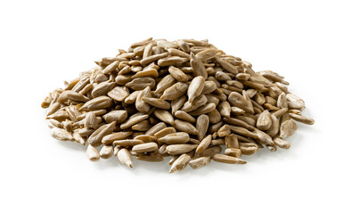 Pile of shelled raw sunflower seeds isolated on a white background. Healthy eating and gluten free dieting ingredient. Antioxidant organic snack. Raw material for vegetable oil production.