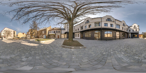 full seamless spherical hdri panorama 360 degrees angle near old houses and big tree in courtyard...