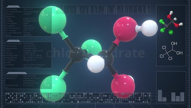 Chloral hydrate molecule with description on the computer screen, loopable 3d animation